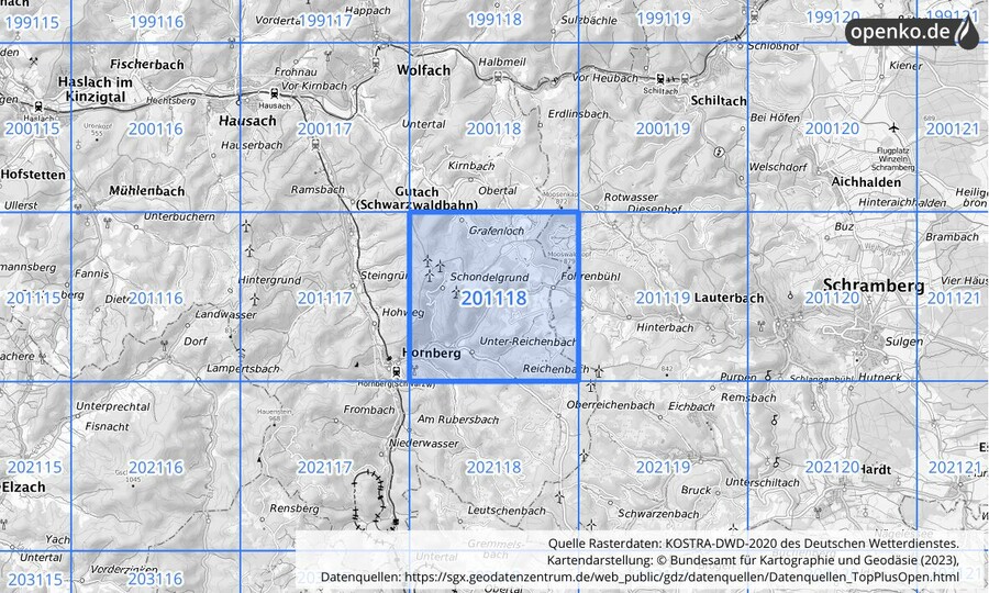 Übersichtskarte des KOSTRA-DWD-2020-Rasterfeldes Nr. 201118