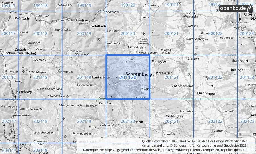 Übersichtskarte des KOSTRA-DWD-2020-Rasterfeldes Nr. 201120