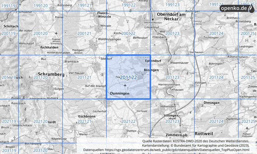 Übersichtskarte des KOSTRA-DWD-2020-Rasterfeldes Nr. 201122