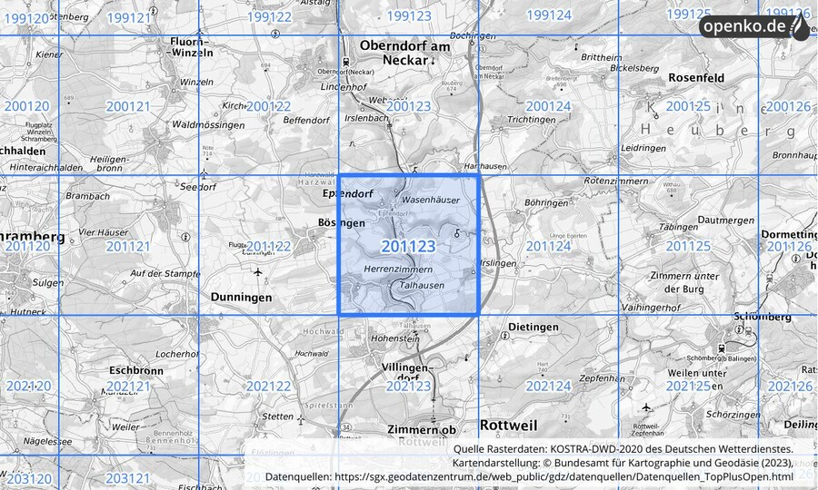 Übersichtskarte des KOSTRA-DWD-2020-Rasterfeldes Nr. 201123