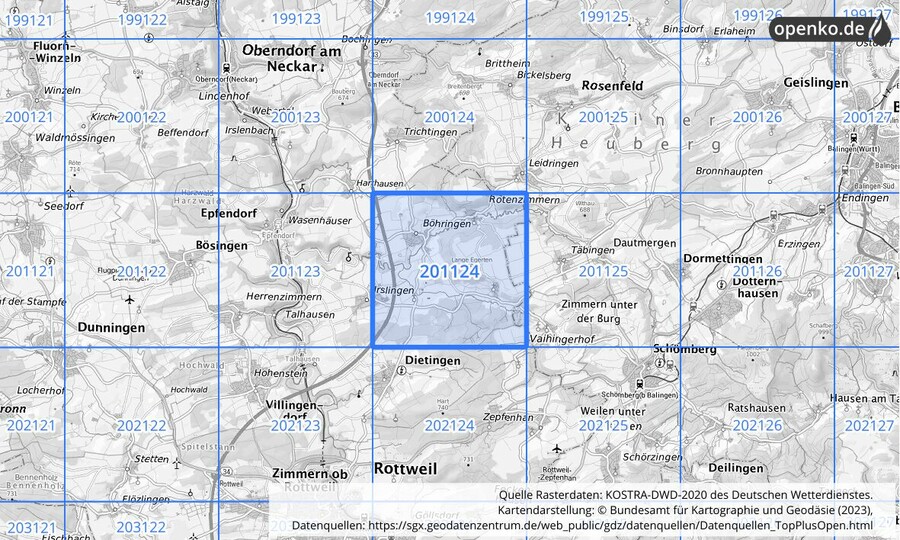 Übersichtskarte des KOSTRA-DWD-2020-Rasterfeldes Nr. 201124