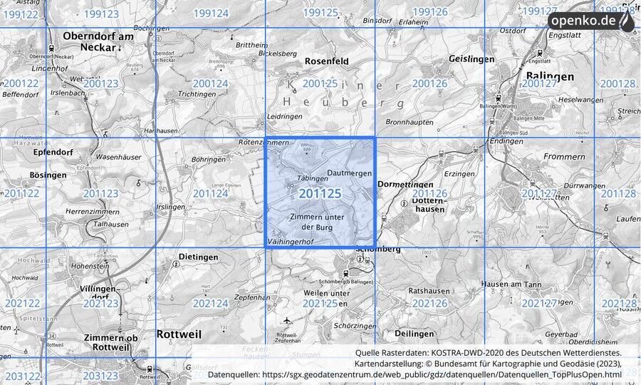 Übersichtskarte des KOSTRA-DWD-2020-Rasterfeldes Nr. 201125