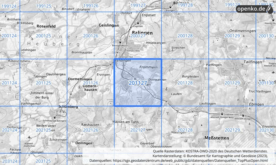 Übersichtskarte des KOSTRA-DWD-2020-Rasterfeldes Nr. 201127