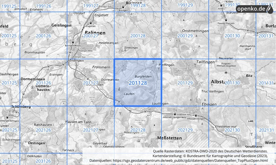 Übersichtskarte des KOSTRA-DWD-2020-Rasterfeldes Nr. 201128