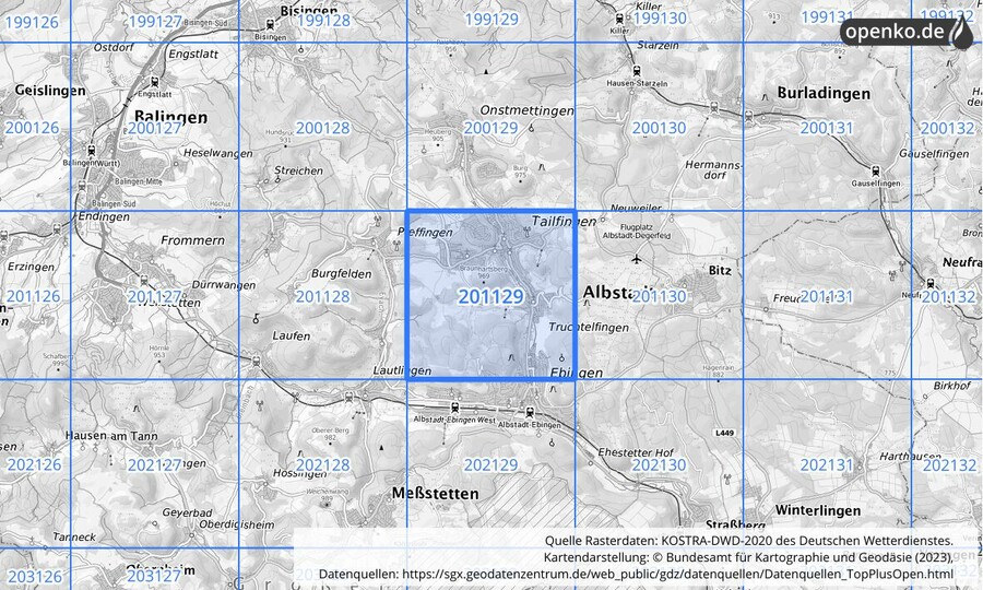 Übersichtskarte des KOSTRA-DWD-2020-Rasterfeldes Nr. 201129