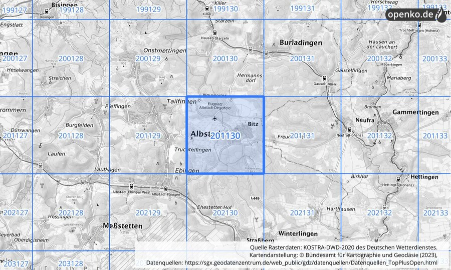 Übersichtskarte des KOSTRA-DWD-2020-Rasterfeldes Nr. 201130