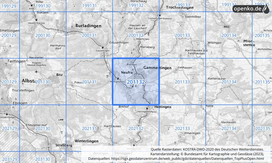 Übersichtskarte des KOSTRA-DWD-2020-Rasterfeldes Nr. 201132