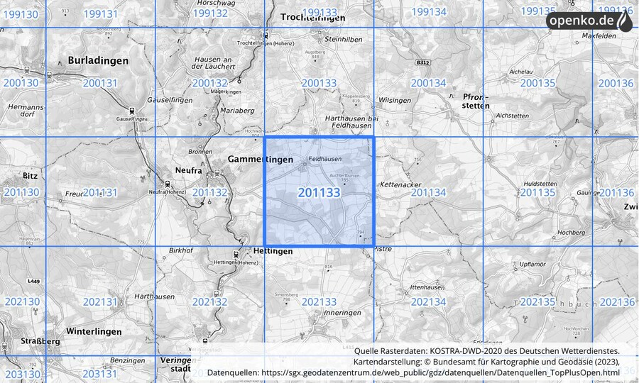 Übersichtskarte des KOSTRA-DWD-2020-Rasterfeldes Nr. 201133