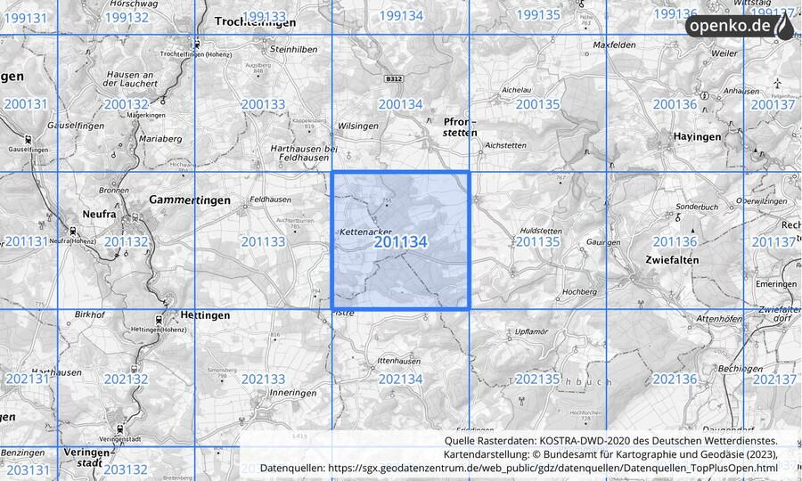 Übersichtskarte des KOSTRA-DWD-2020-Rasterfeldes Nr. 201134