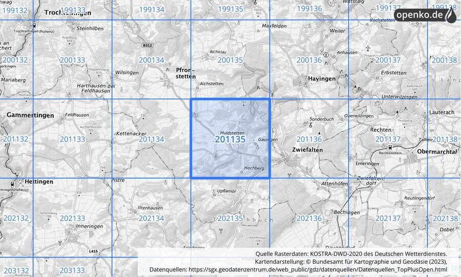 Übersichtskarte des KOSTRA-DWD-2020-Rasterfeldes Nr. 201135