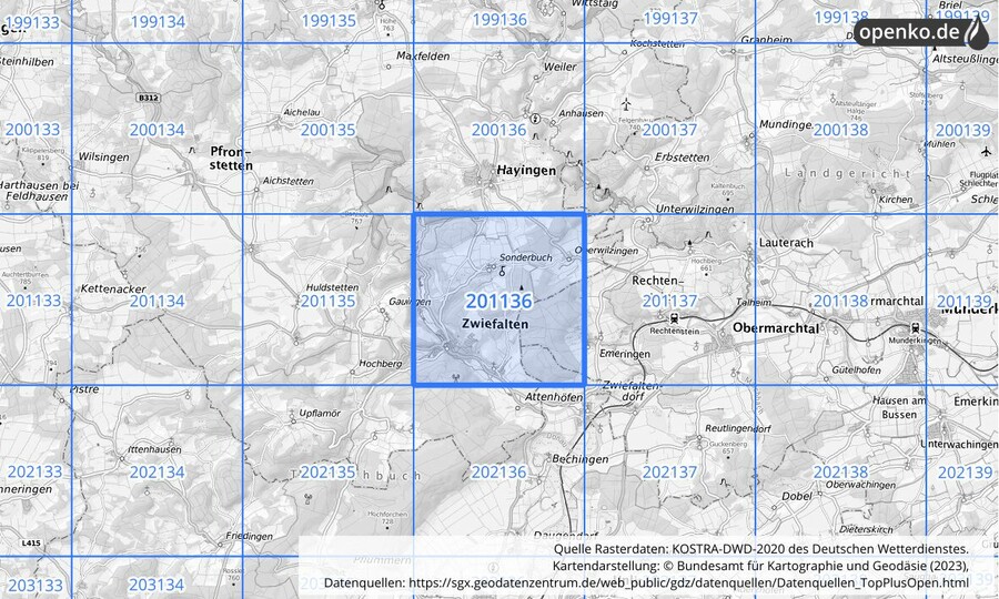 Übersichtskarte des KOSTRA-DWD-2020-Rasterfeldes Nr. 201136