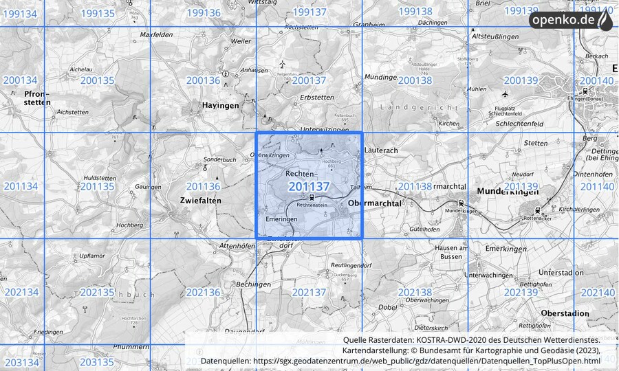 Übersichtskarte des KOSTRA-DWD-2020-Rasterfeldes Nr. 201137