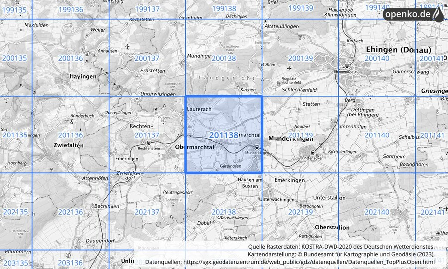 Übersichtskarte des KOSTRA-DWD-2020-Rasterfeldes Nr. 201138