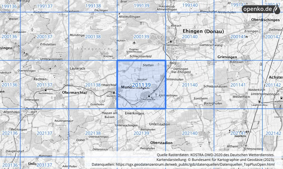 Übersichtskarte des KOSTRA-DWD-2020-Rasterfeldes Nr. 201139