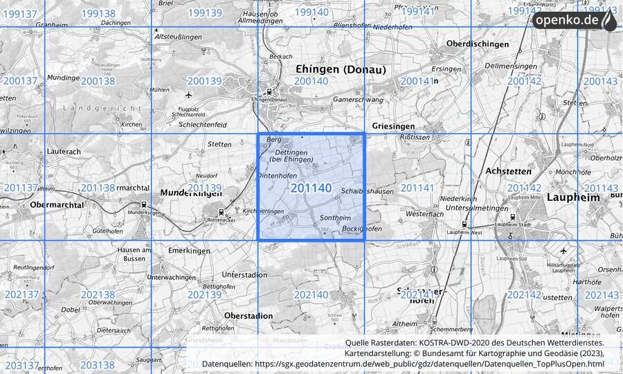 Übersichtskarte des KOSTRA-DWD-2020-Rasterfeldes Nr. 201140