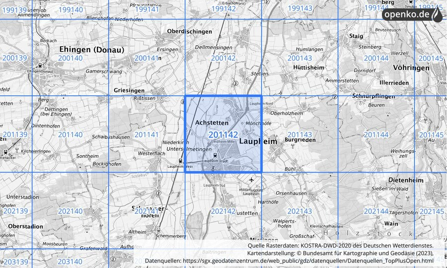 Übersichtskarte des KOSTRA-DWD-2020-Rasterfeldes Nr. 201142