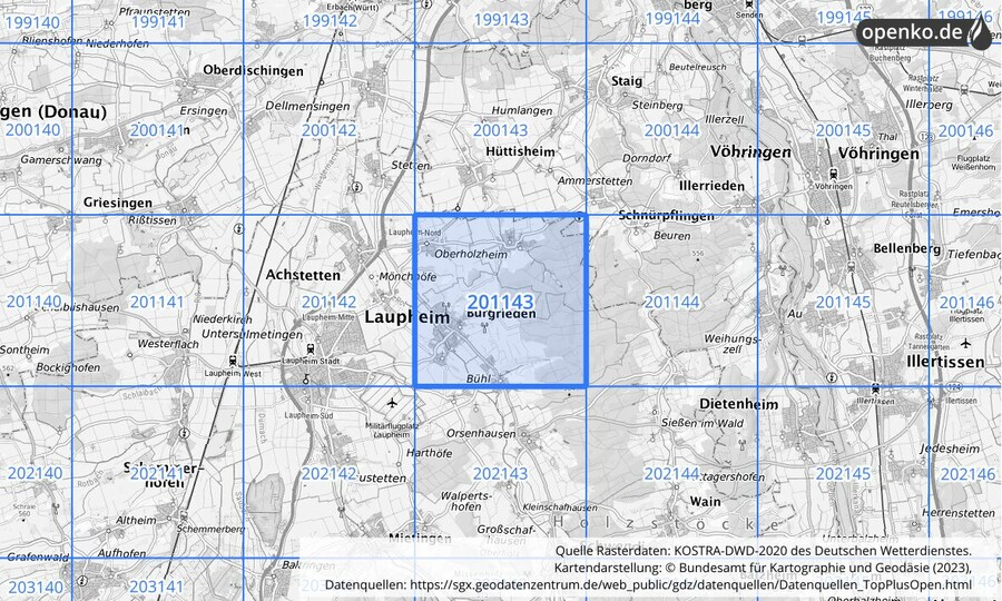 Übersichtskarte des KOSTRA-DWD-2020-Rasterfeldes Nr. 201143