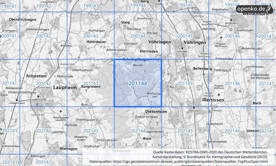 Übersichtskarte des KOSTRA-DWD-2020-Rasterfeldes Nr. 201144