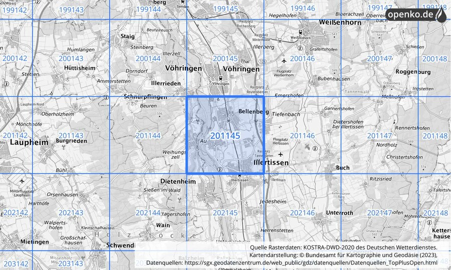 Übersichtskarte des KOSTRA-DWD-2020-Rasterfeldes Nr. 201145