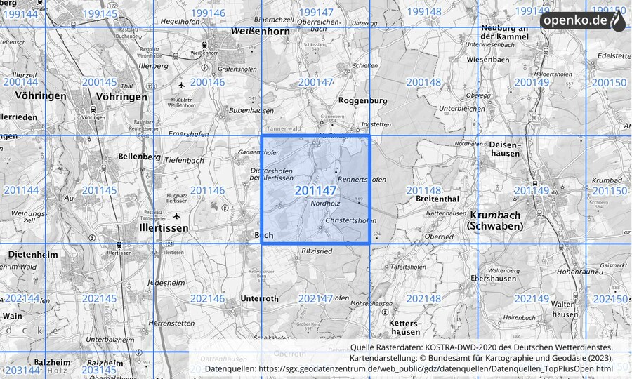 Übersichtskarte des KOSTRA-DWD-2020-Rasterfeldes Nr. 201147