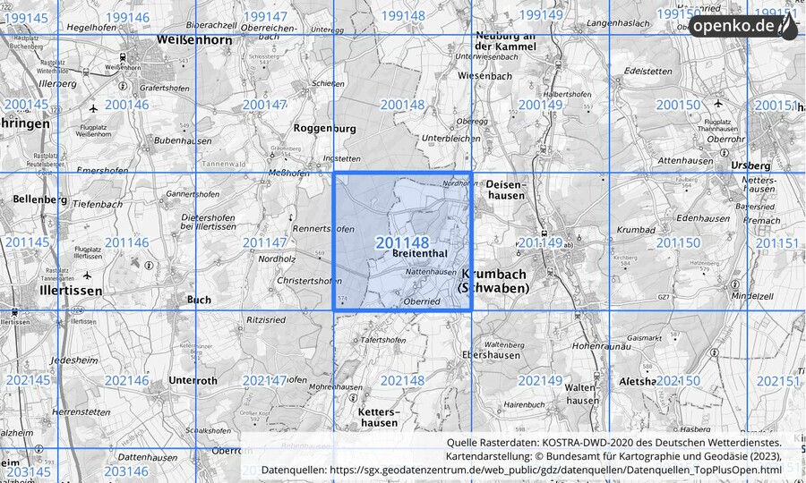 Übersichtskarte des KOSTRA-DWD-2020-Rasterfeldes Nr. 201148