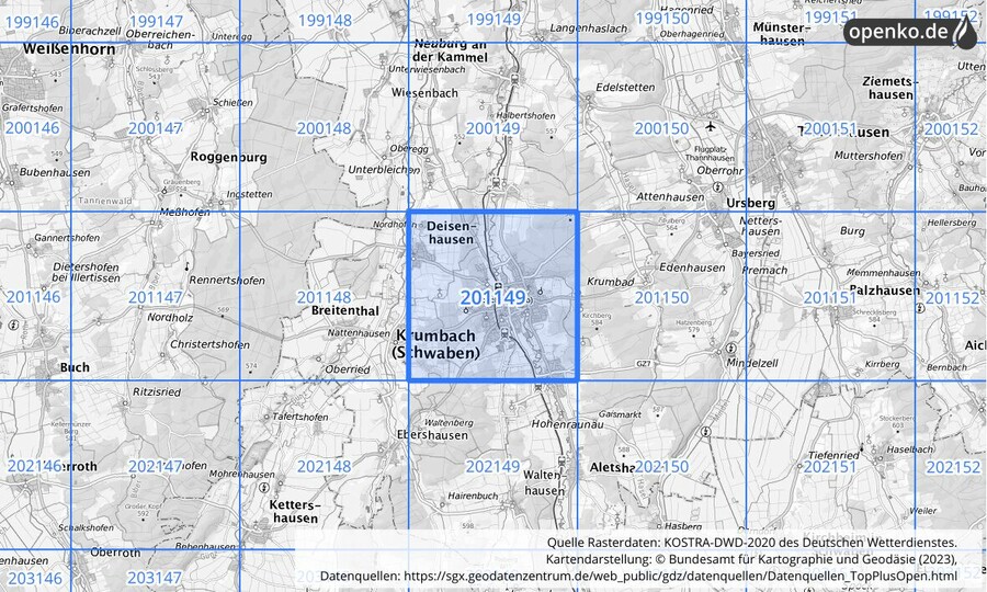 Übersichtskarte des KOSTRA-DWD-2020-Rasterfeldes Nr. 201149