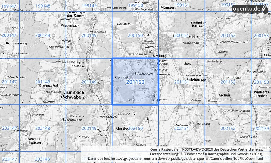 Übersichtskarte des KOSTRA-DWD-2020-Rasterfeldes Nr. 201150