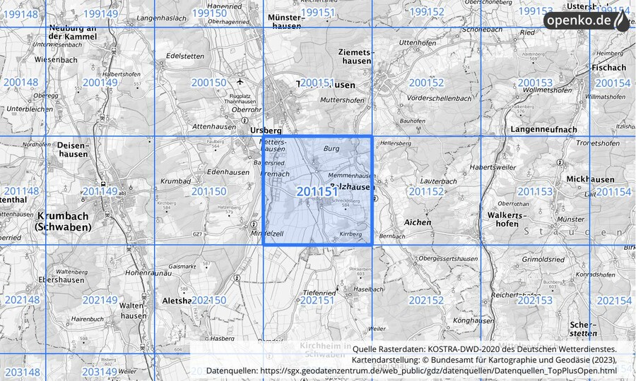 Übersichtskarte des KOSTRA-DWD-2020-Rasterfeldes Nr. 201151