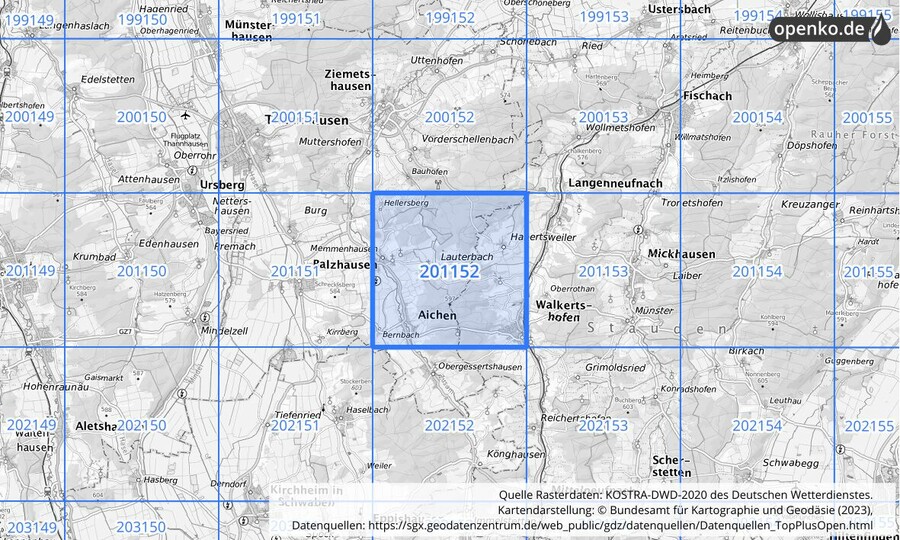 Übersichtskarte des KOSTRA-DWD-2020-Rasterfeldes Nr. 201152