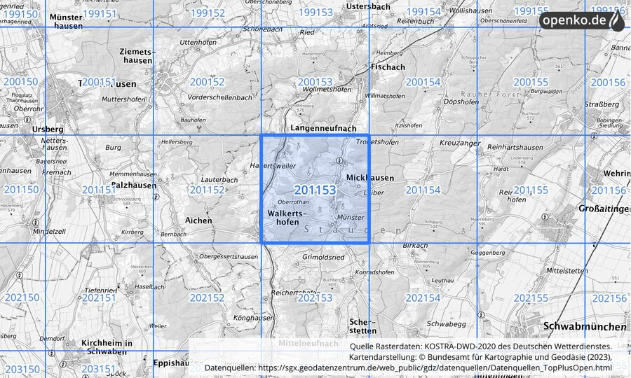 Übersichtskarte des KOSTRA-DWD-2020-Rasterfeldes Nr. 201153