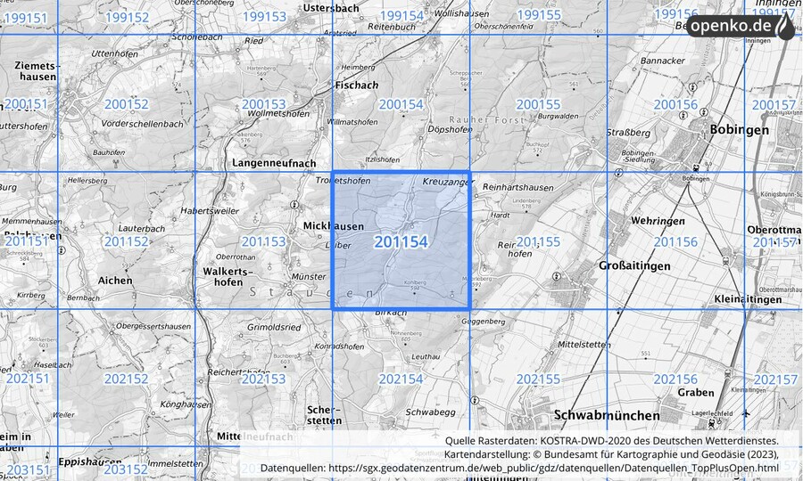 Übersichtskarte des KOSTRA-DWD-2020-Rasterfeldes Nr. 201154