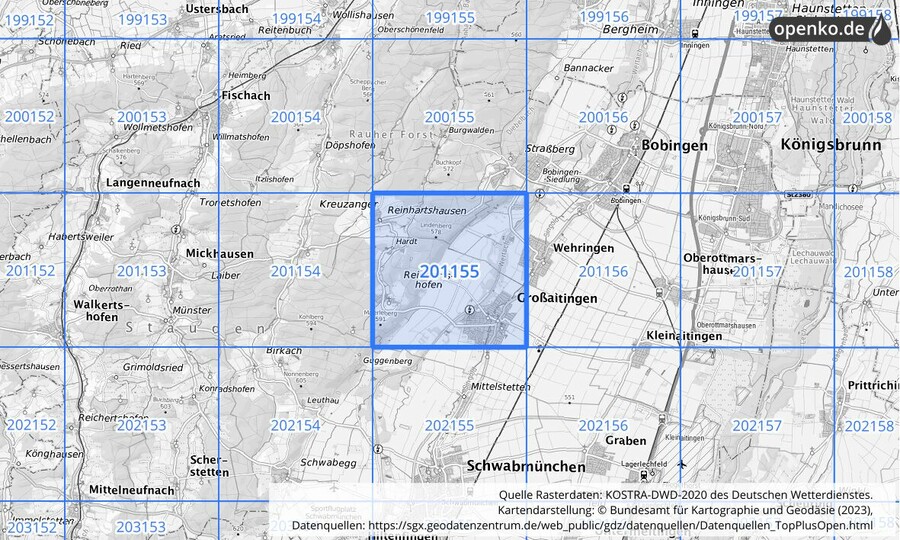 Übersichtskarte des KOSTRA-DWD-2020-Rasterfeldes Nr. 201155