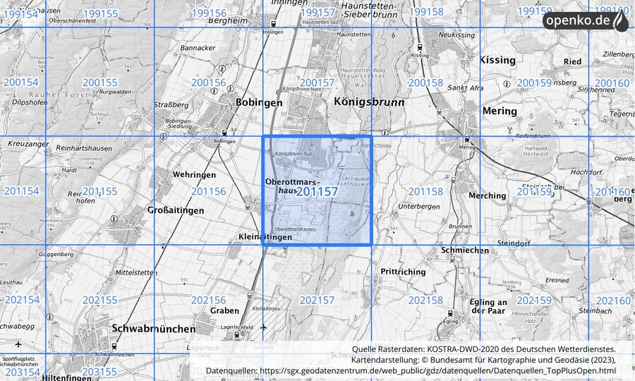 Übersichtskarte des KOSTRA-DWD-2020-Rasterfeldes Nr. 201157