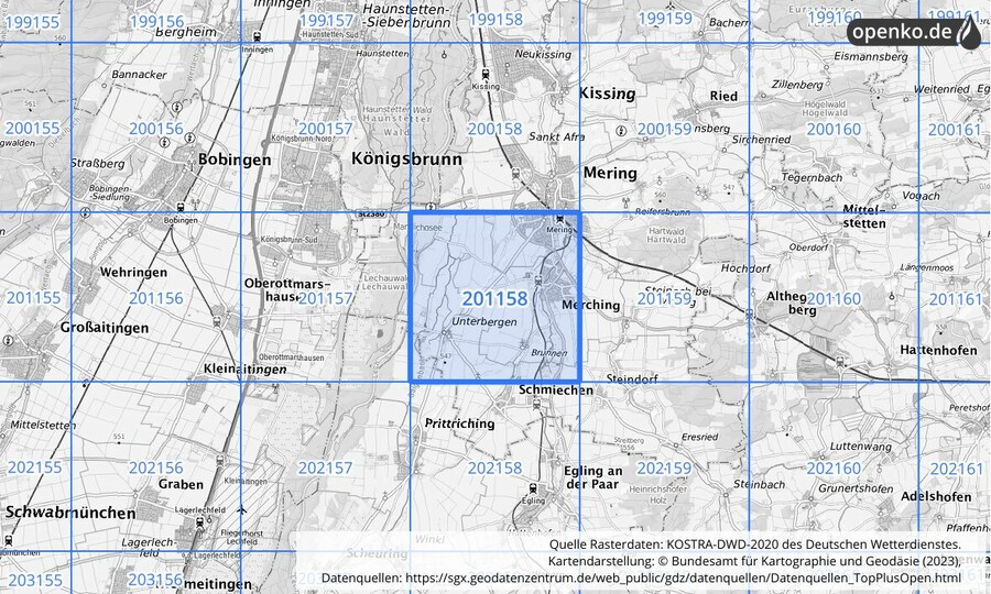 Übersichtskarte des KOSTRA-DWD-2020-Rasterfeldes Nr. 201158