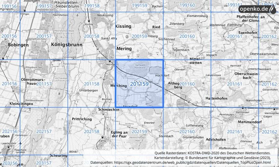 Übersichtskarte des KOSTRA-DWD-2020-Rasterfeldes Nr. 201159