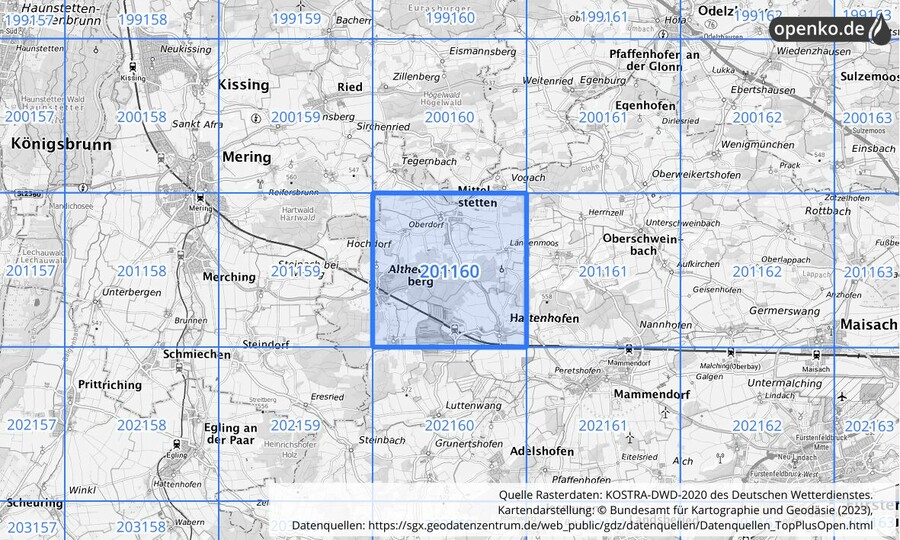 Übersichtskarte des KOSTRA-DWD-2020-Rasterfeldes Nr. 201160