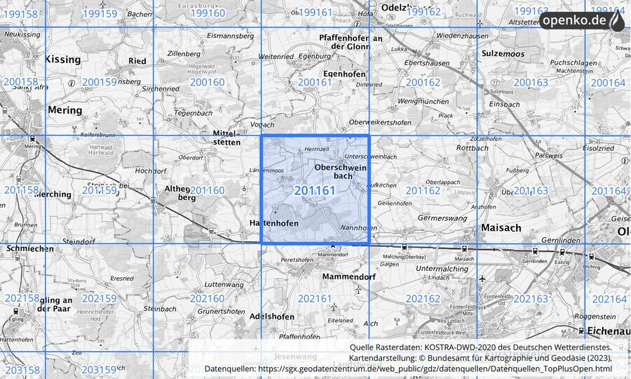 Übersichtskarte des KOSTRA-DWD-2020-Rasterfeldes Nr. 201161