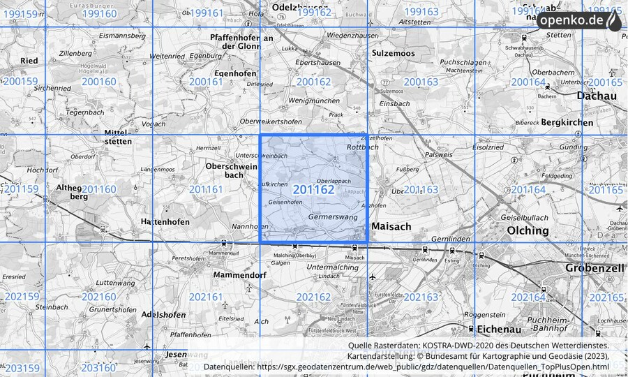 Übersichtskarte des KOSTRA-DWD-2020-Rasterfeldes Nr. 201162