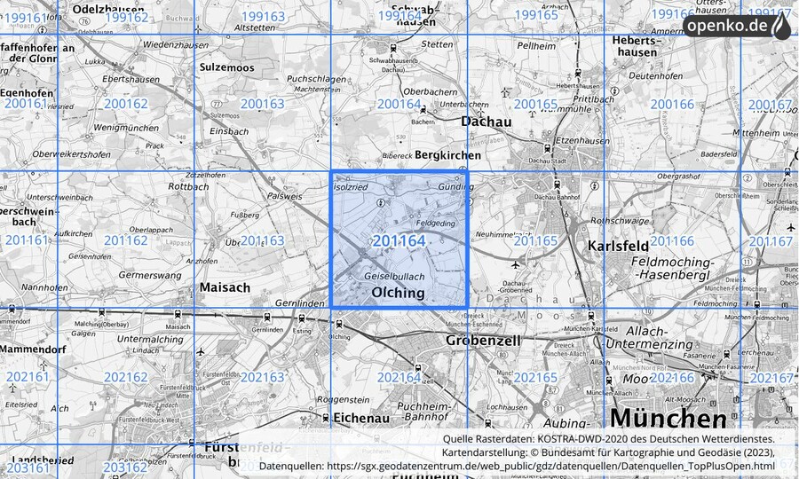 Übersichtskarte des KOSTRA-DWD-2020-Rasterfeldes Nr. 201164