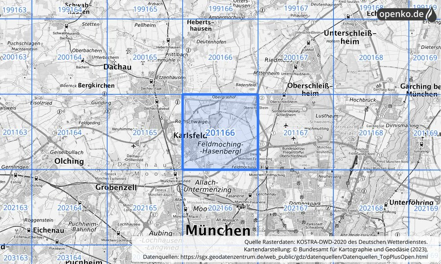 Übersichtskarte des KOSTRA-DWD-2020-Rasterfeldes Nr. 201166