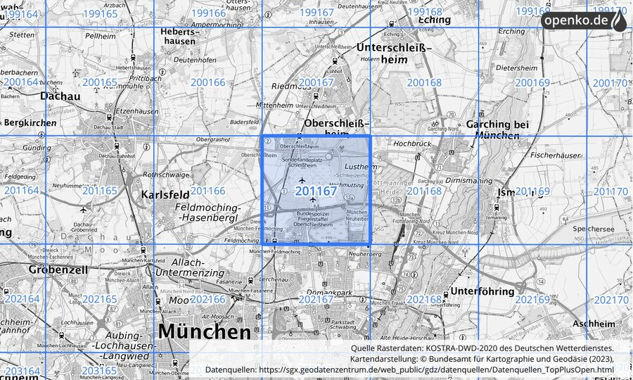 Übersichtskarte des KOSTRA-DWD-2020-Rasterfeldes Nr. 201167