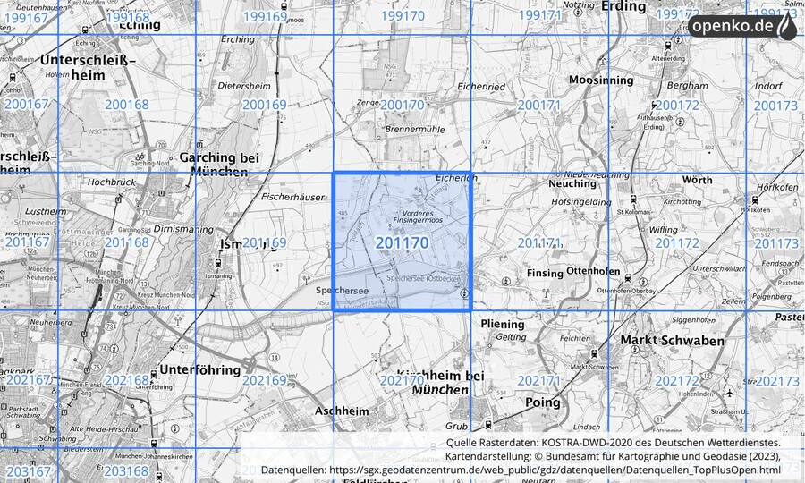 Übersichtskarte des KOSTRA-DWD-2020-Rasterfeldes Nr. 201170