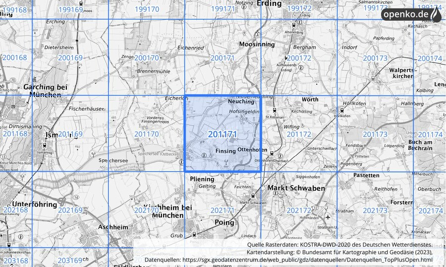 Übersichtskarte des KOSTRA-DWD-2020-Rasterfeldes Nr. 201171