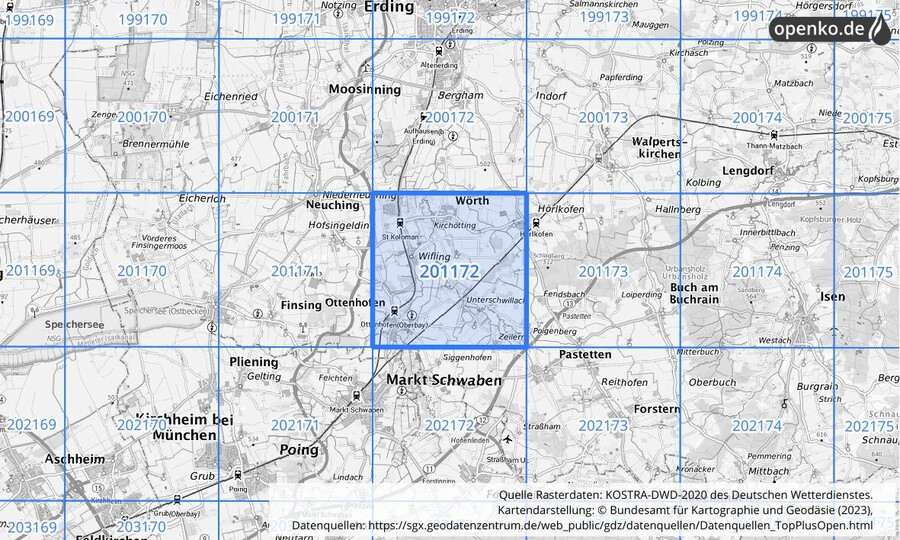 Übersichtskarte des KOSTRA-DWD-2020-Rasterfeldes Nr. 201172