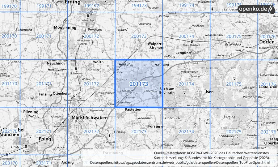 Übersichtskarte des KOSTRA-DWD-2020-Rasterfeldes Nr. 201173