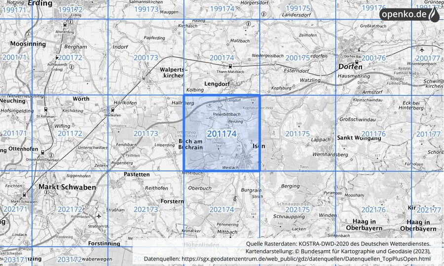 Übersichtskarte des KOSTRA-DWD-2020-Rasterfeldes Nr. 201174