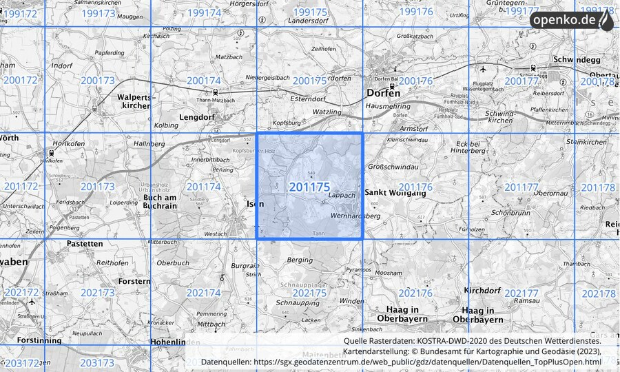 Übersichtskarte des KOSTRA-DWD-2020-Rasterfeldes Nr. 201175