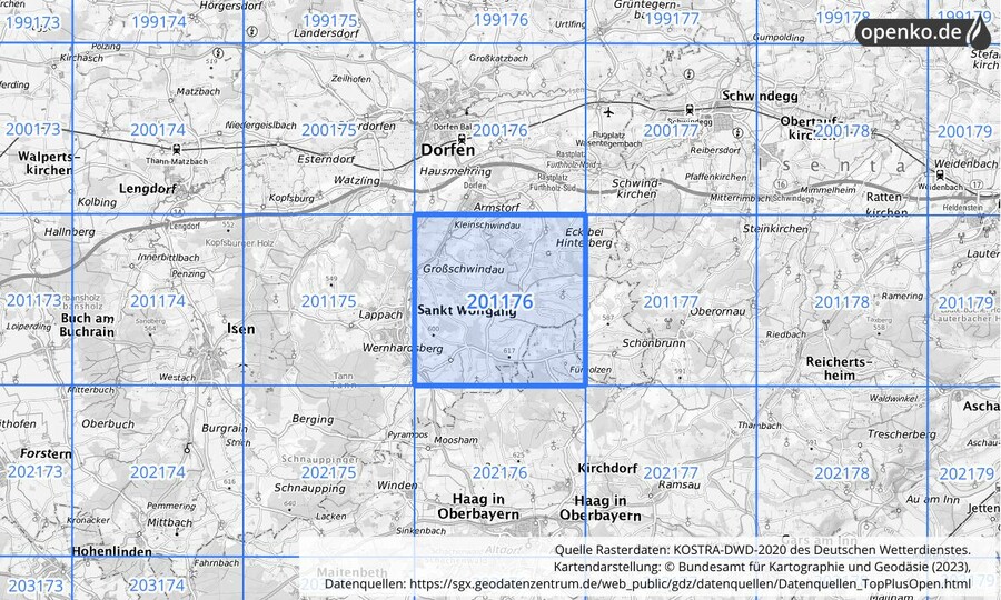 Übersichtskarte des KOSTRA-DWD-2020-Rasterfeldes Nr. 201176