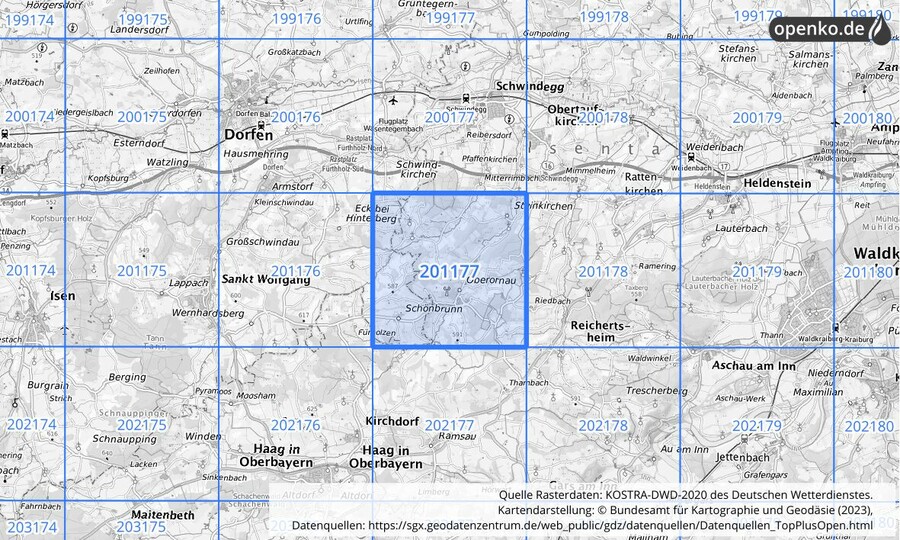 Übersichtskarte des KOSTRA-DWD-2020-Rasterfeldes Nr. 201177