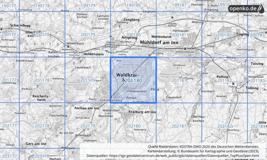 Übersichtskarte des KOSTRA-DWD-2020-Rasterfeldes Nr. 201180